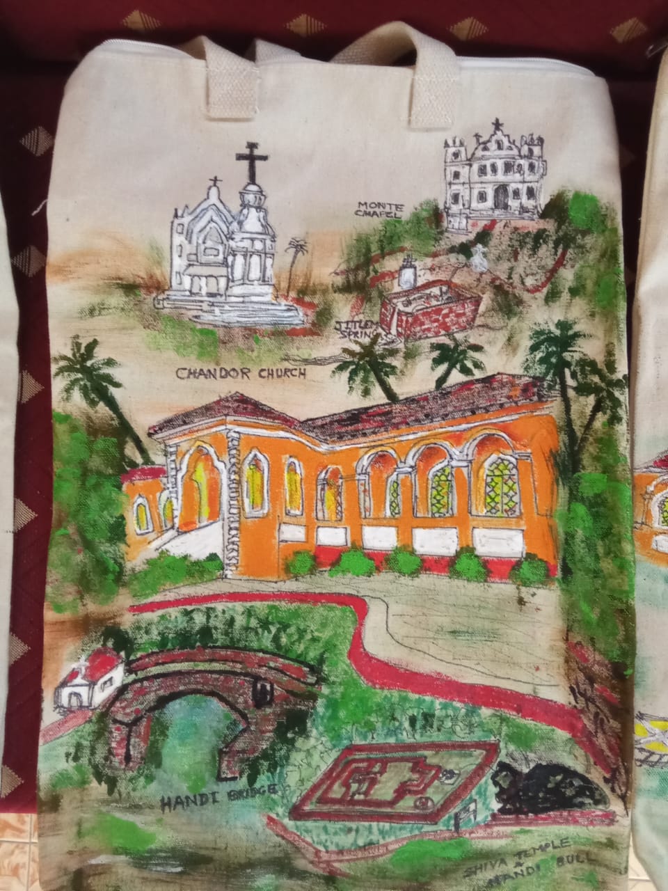 Hand-drawn tote featuring Chandor Church, Monte Chapel and Goan landmarks