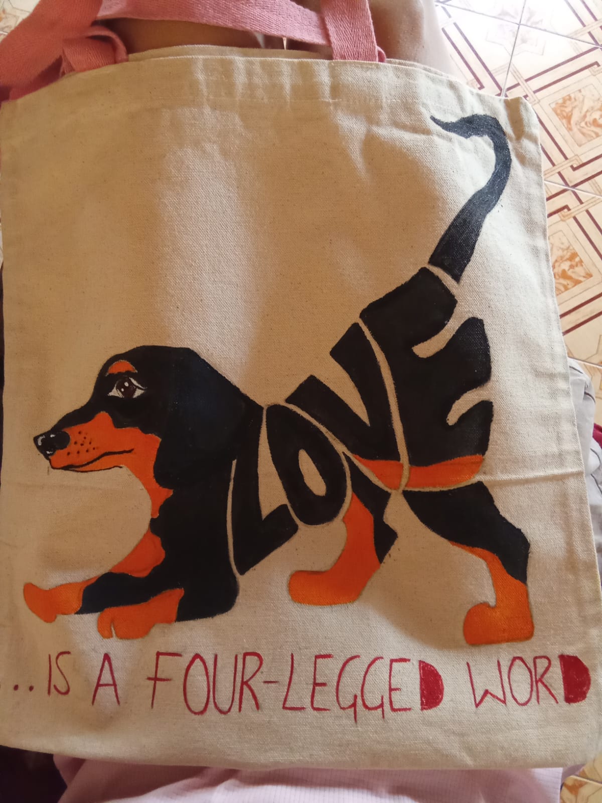 Hand-drawn tote featuring Love is a Four-Legged Word dachshund