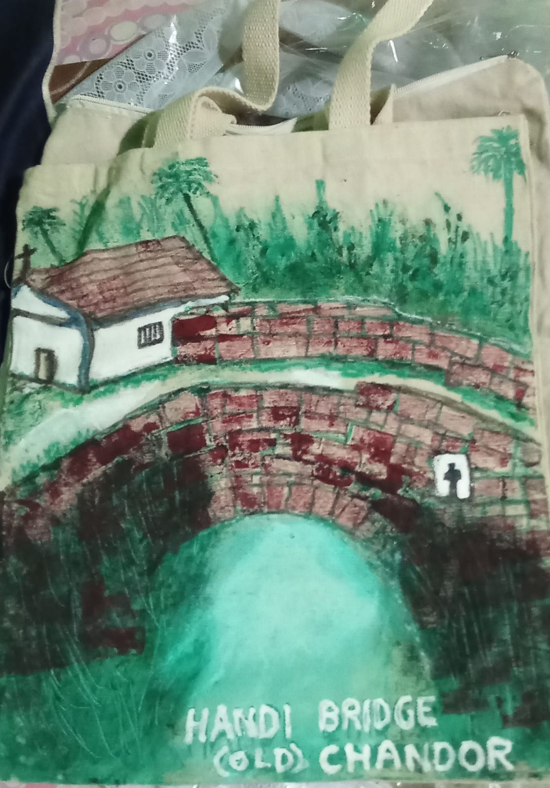 Hand-drawn tote featuring Handi Bridge Old Chandor