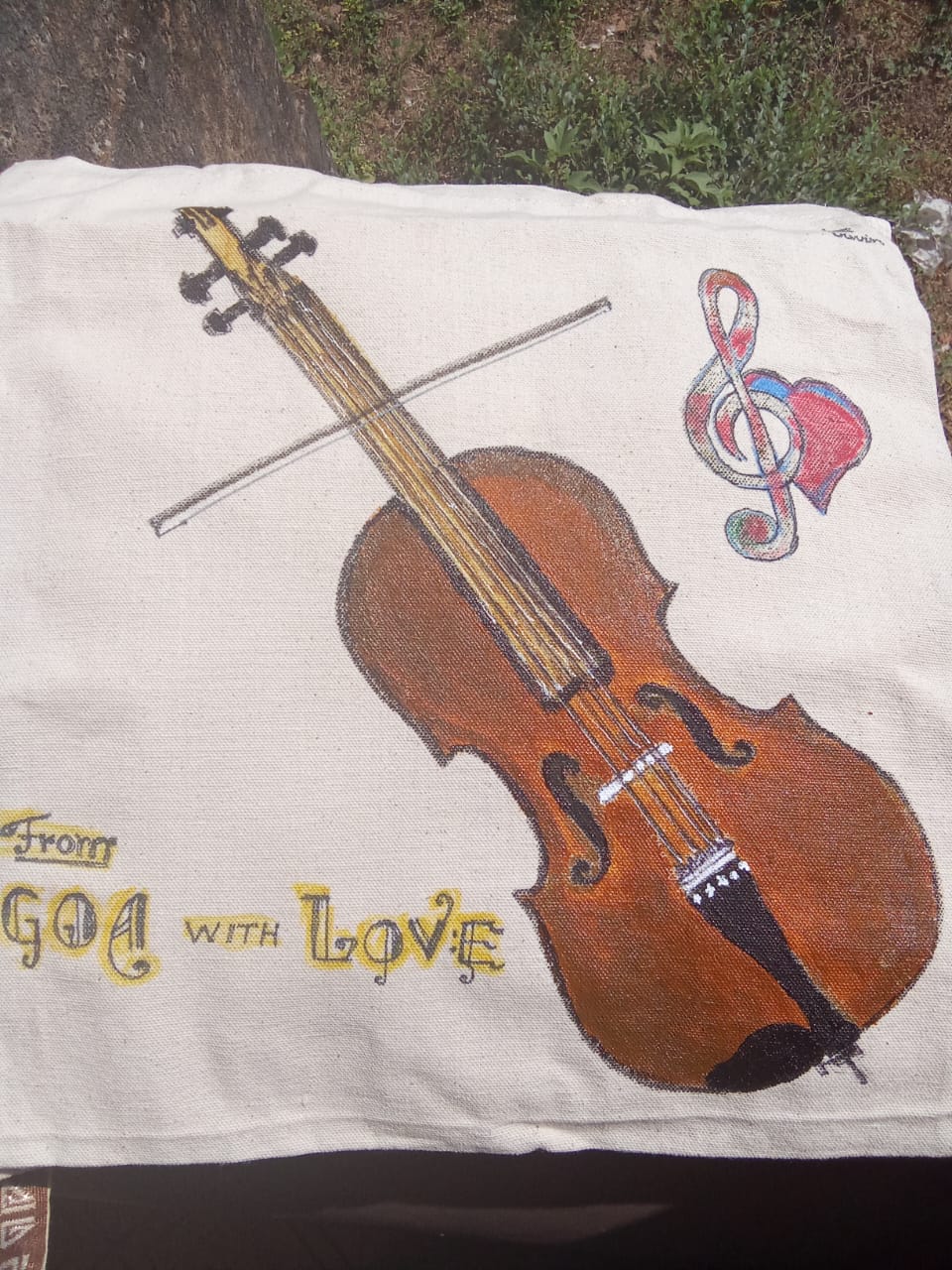 Hand-drawn tote featuring a violin with From Goa with Love