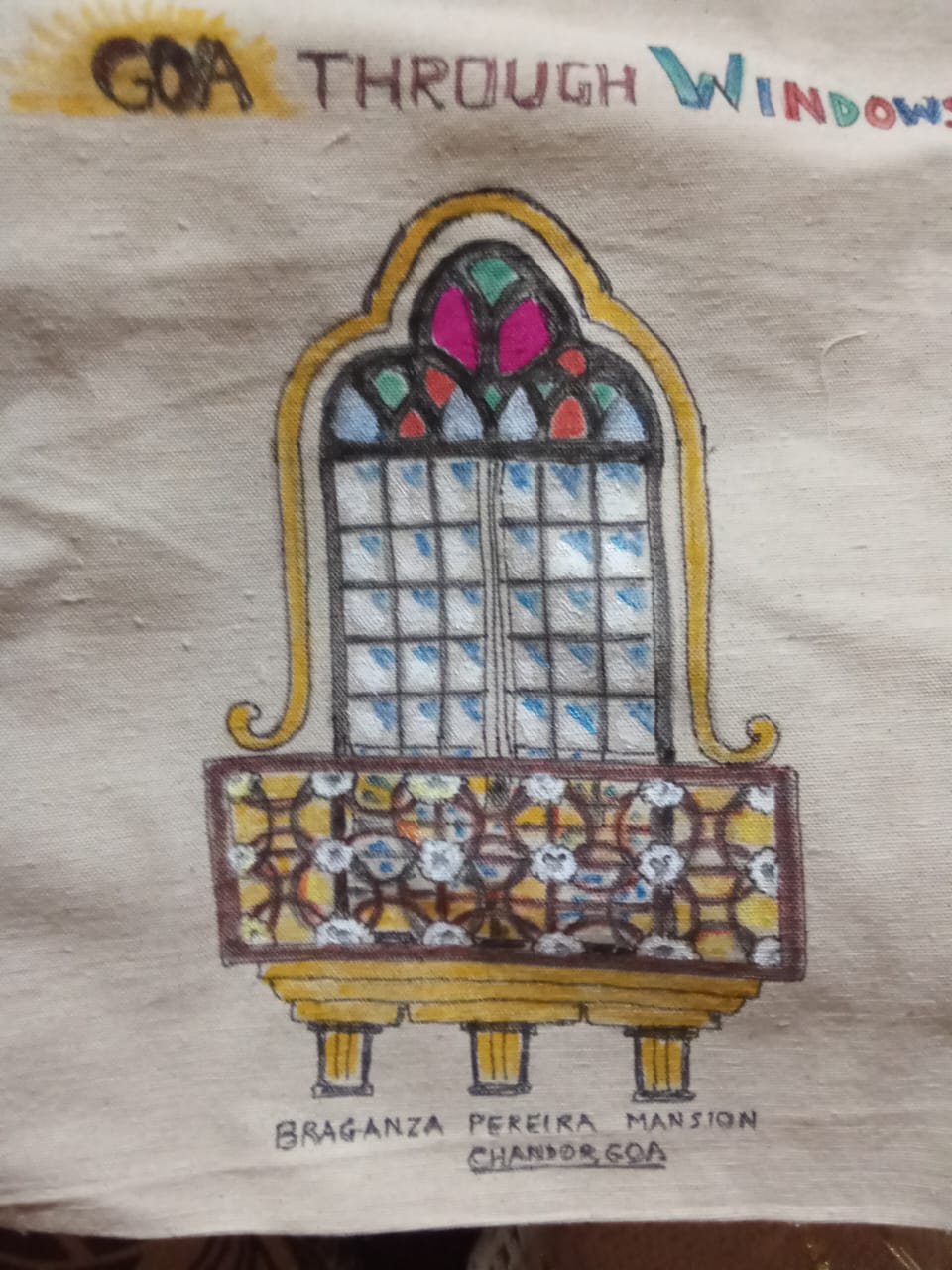 Hand-drawn tote featuring Goa Through Windows - Braganza Pereira Mansion stained glass